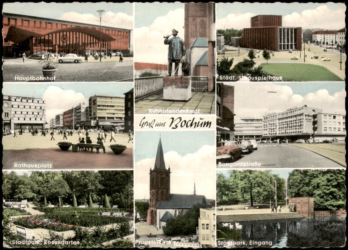 zoom: Image side vintage Postcard from 1964: Mehrbild-AK u.a. mit Hauptbahnhof Bongardstraße Propsterkirche:: Bochum