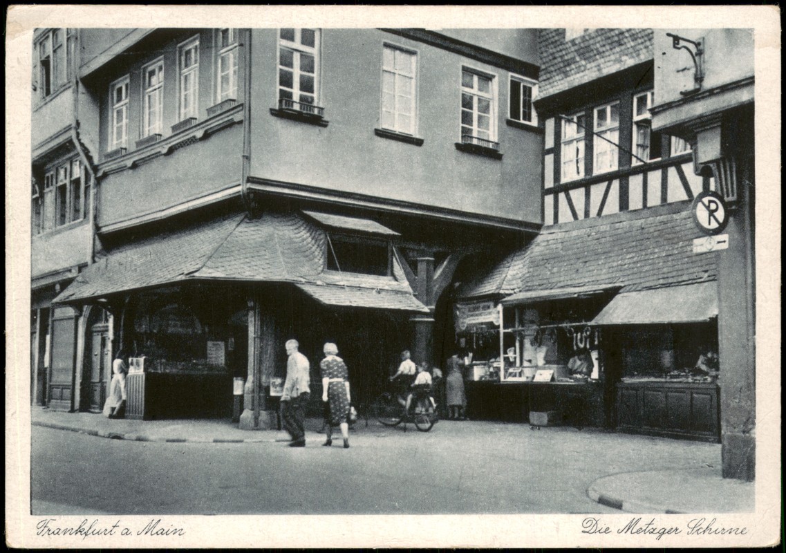 zoom: Image side vintage Postcard from 1929: Die Metzger Schirne:: Frankfurt am Main