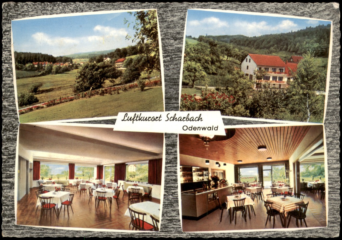 vergrößern: Bildseite historische Ansichtskarte von 1967: Mehrbildkarten mit Ortsansichten und Gasthaus Pension Kühler Grund:: Scharbach