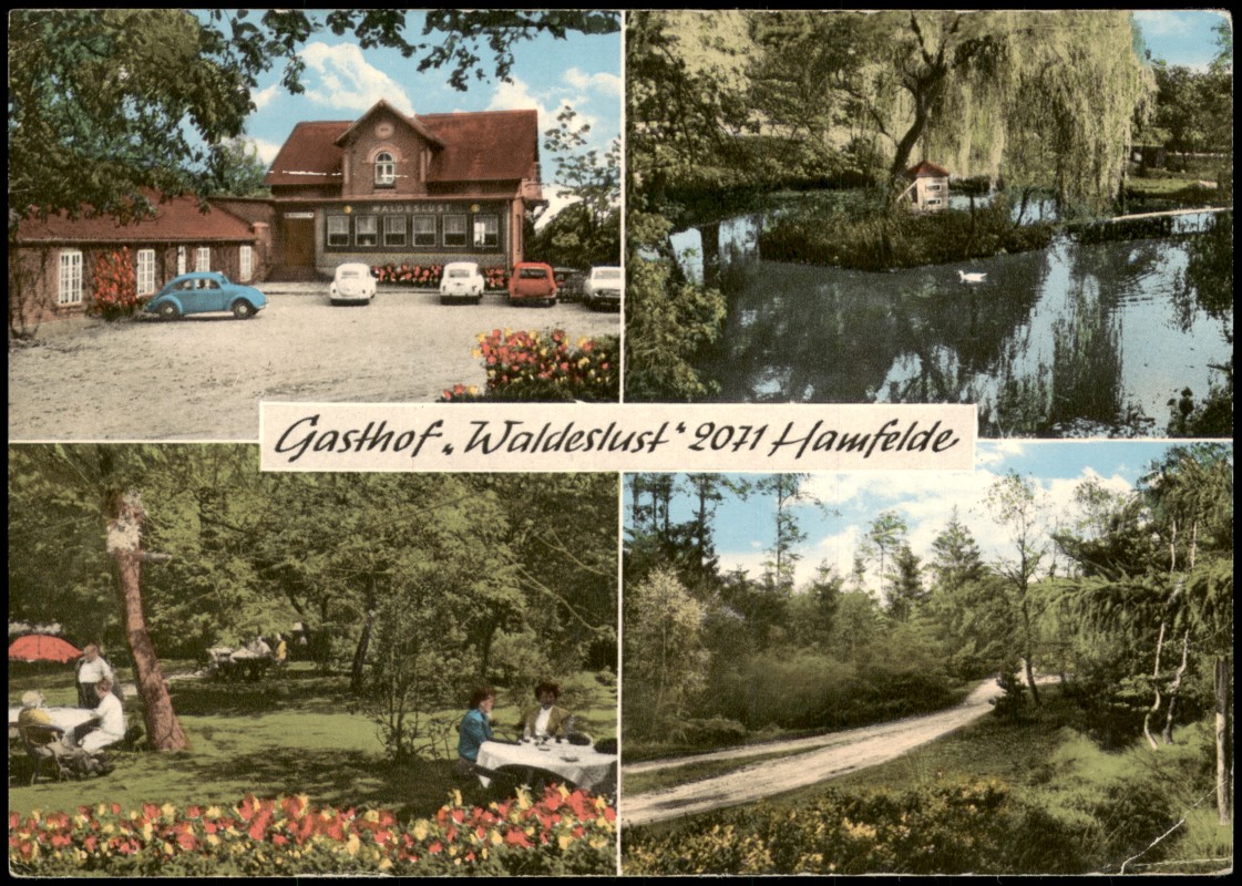 vergrößern: Bildseite historische Ansichtskarte von 1965: Mehrbild-AK Gasthof Waldeslust Bes. K. Koops:: Hamfelde (Stormarn)