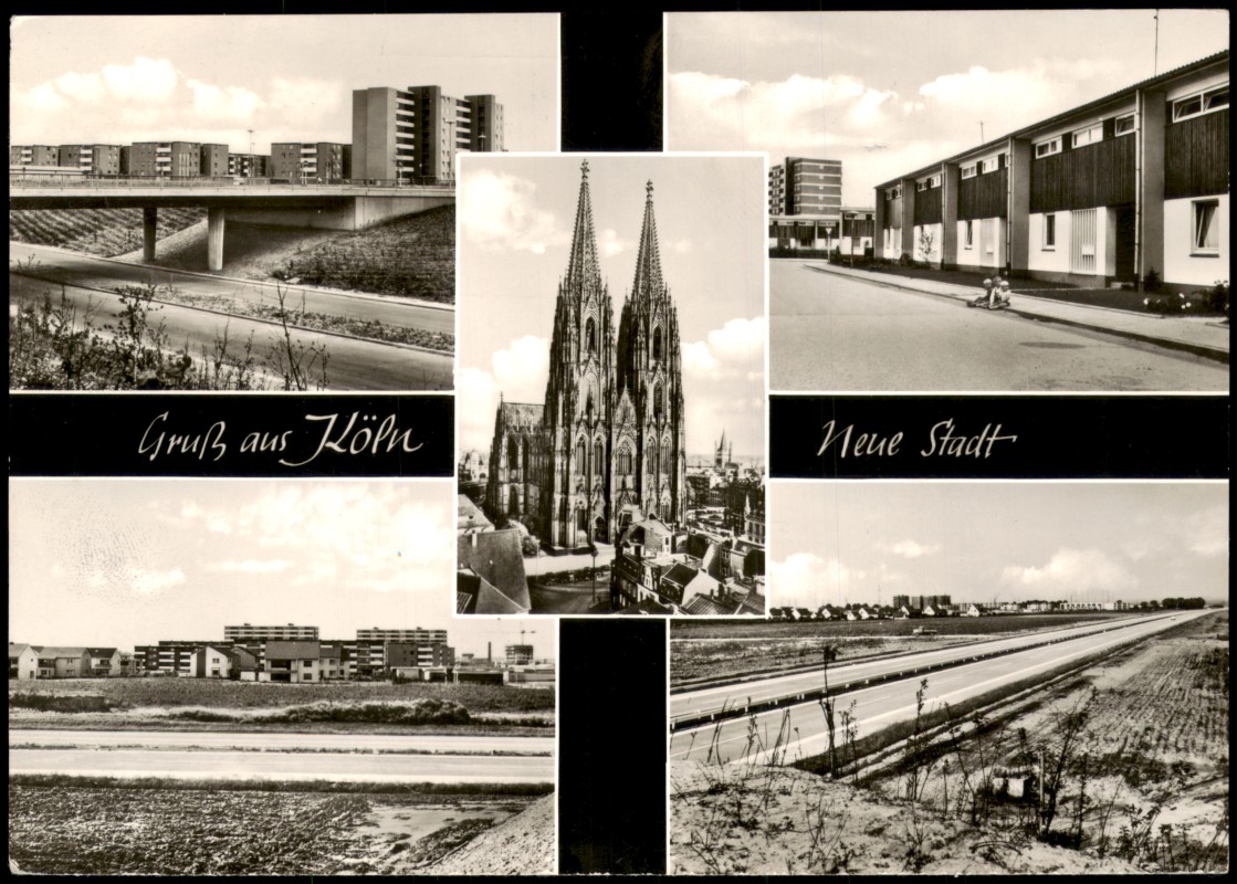 vergrößern: Bildseite historische Ansichtskarte von 1962: Mehrbildkarte Wohnblock-Ansichten, Straßen, Dom:: Köln