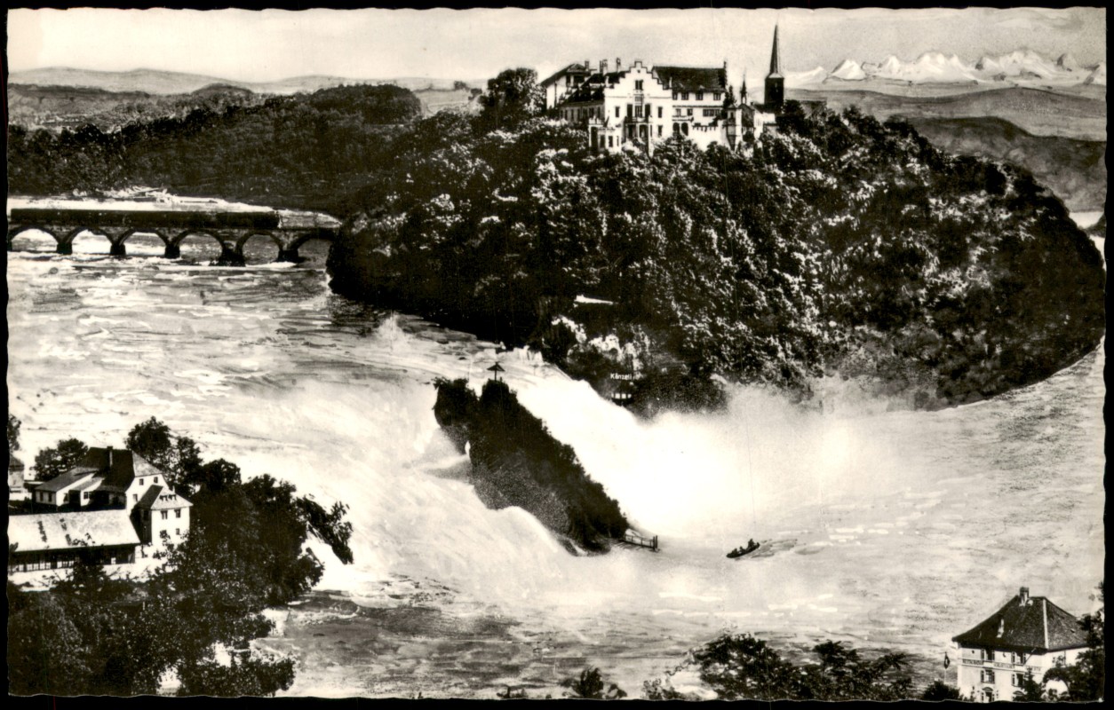 zoom: Image side vintage Postcard from 1950: Rheinfall Rhein Rhine Riverfalls:: Neuhausen am Rheinfall
