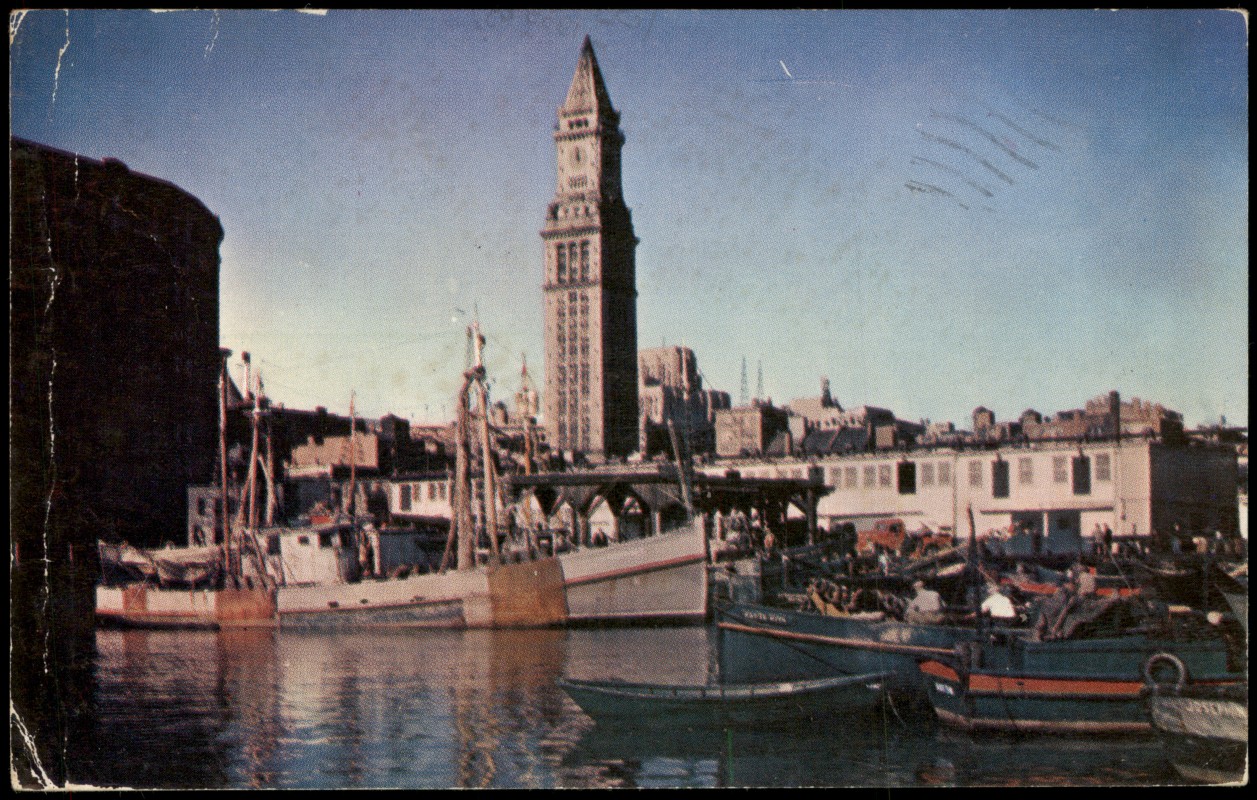 vergrößern: Bildseite historische Ansichtskarte von 1955: Harbor View Fishing Fleet Custom House Tower:: Boston