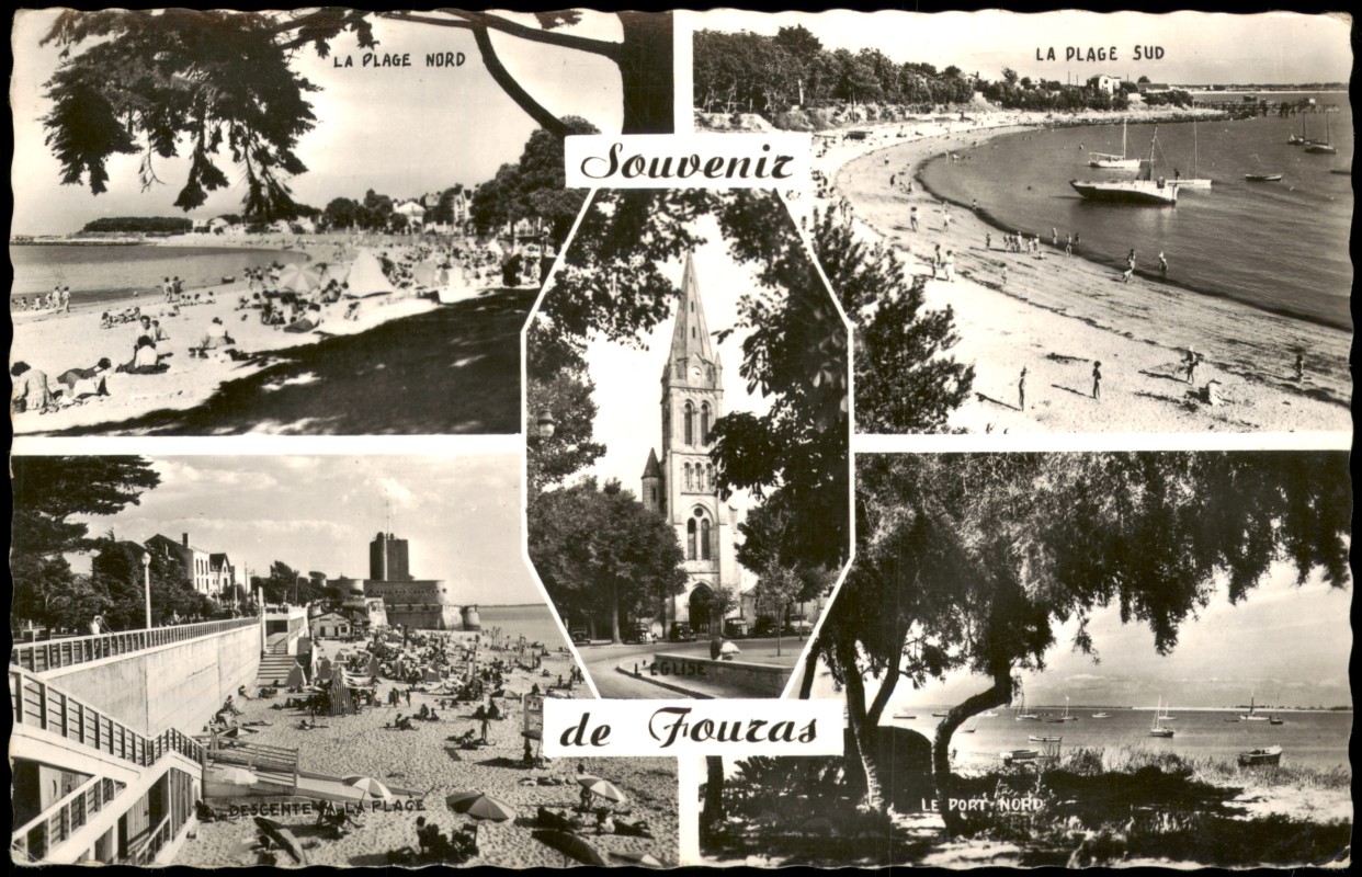 zoom: Image side vintage Postcard from 1955: Souvenir Mehrbildkarte mit Ortsansichten u.a. Strand Plage:: Fouras