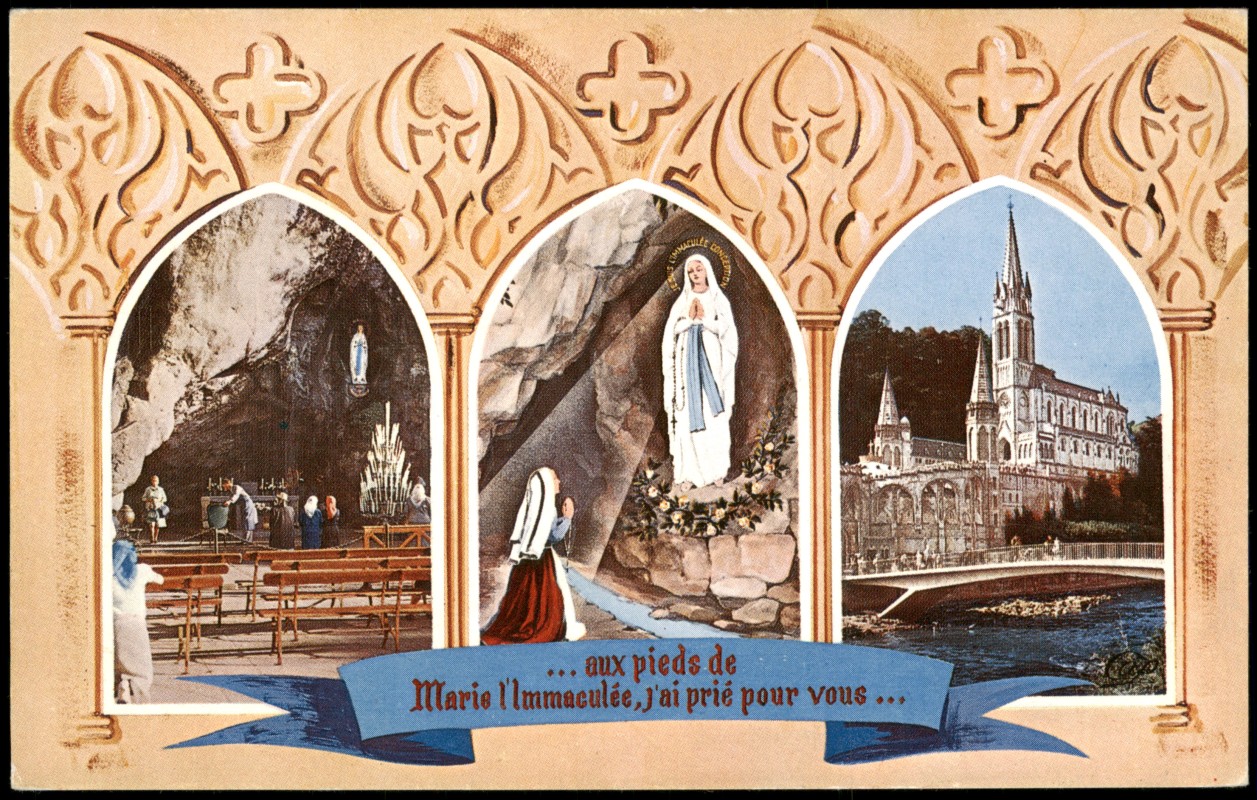 zoom: Image side vintage Postcard from 1950: Mehrbildkarte mit religiösen Ansichten:: Lourdes