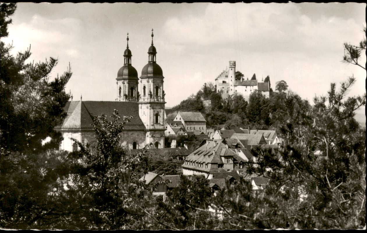 zoom: Image side vintage Postcard from 1963: Stadt duruch Bäume gesehen:: Gößweinstein