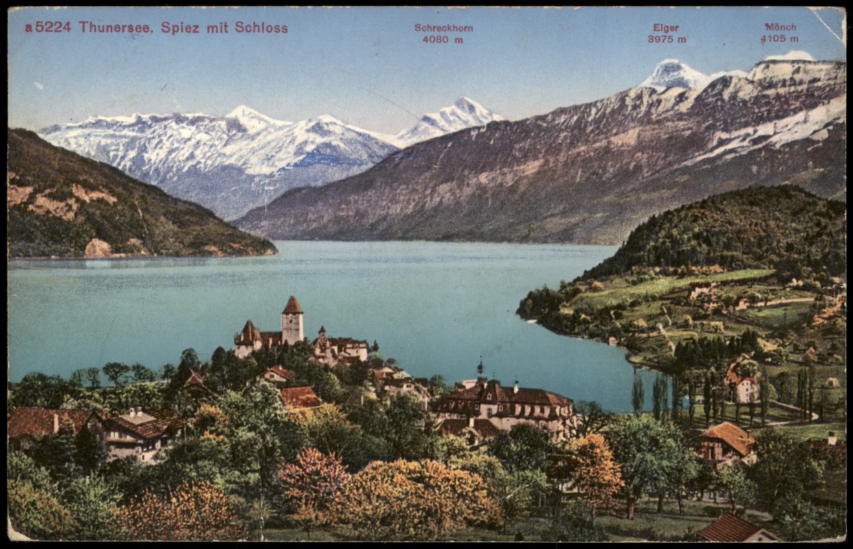 zoom: Image side vintage Postcard from 1915: Thunersee. Spiez mit Schloss:: Spiez