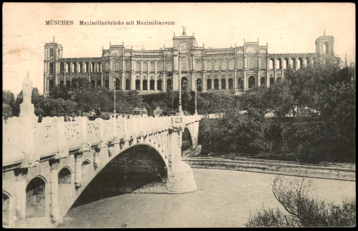 vergrößern: Bildseite historische Ansichtskarte von 1916: Maximilianbrücke mit Maximilianeum:: Haidhausen-München