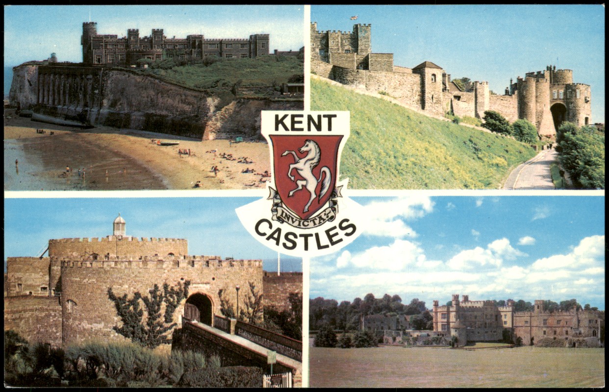vergrößern: Bildseite historische Ansichtskarte von 1975: Mehrbildkarte: Burgen in Kent (Kingsgate, Dover, Deal, Leeds):: Kent