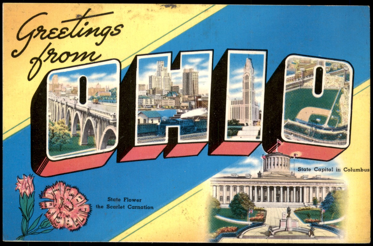 vergrößern: Bildseite historische Ansichtskarte von 1970: Greetings from Ohio - Large Letter Postkarte:: Columbus