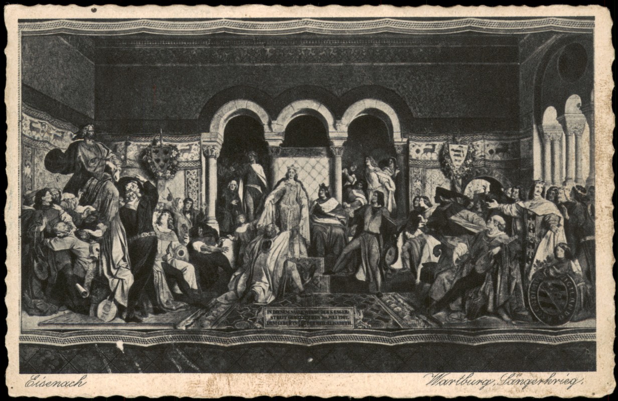 vergrößern: Bildseite historische Ansichtskarte von 1930: Wartburg - Gemälde Sängerkrieg:: Eisenach