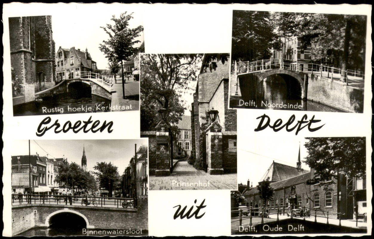 vergrößern: Bildseite historische Ansichtskarte von 1960: Mehrbild-AK u.a. Binnenwatersloot Prinsenhof:: Delft
