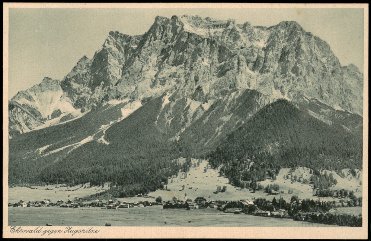 zoom: Image side vintage Postcard from 1928: Stadt gegen Zugspitze:: Ehrwald