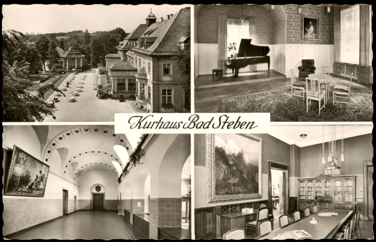 vergrößern: Bildseite historische Ansichtskarte von 1962: Kurhaus mit Innenansichten:: Bad Steben
