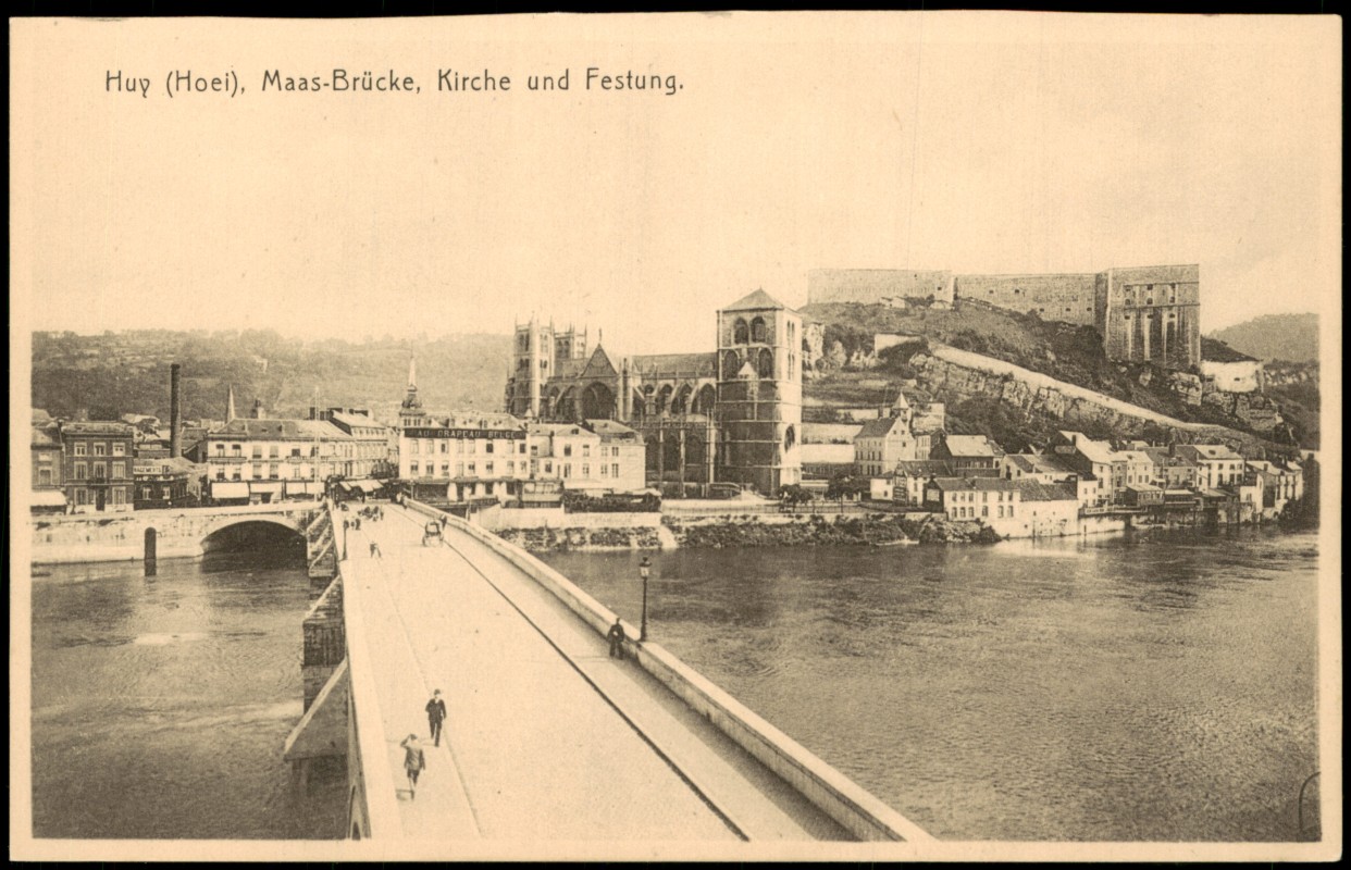 vergrößern: Bildseite historische Ansichtskarte von 1922: Maas-Brücke, Kirche und Festung.:: Huy