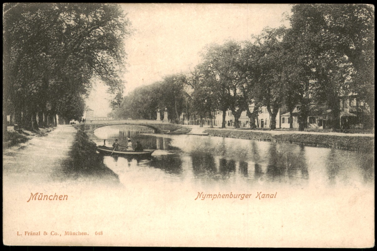 vergrößern: Bildseite historische Ansichtskarte von 1903: Nymphenburger Kanal Ruderboot:: München