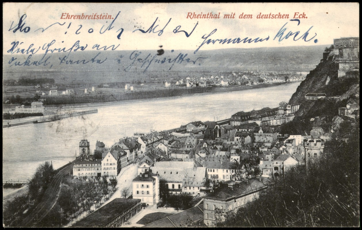 vergrößern: Bildseite historische Ansichtskarte von 1906: Rheinthal mit dem deutschen Eck.:: Ehrenbreitstein-Koblenz