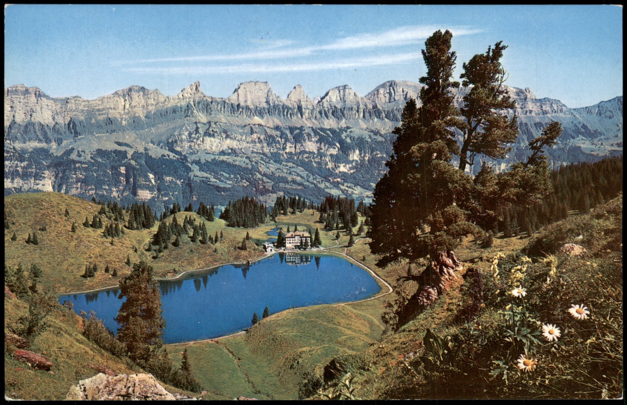 vergrößern: Bildseite historische Ansichtskarte von 1980: Hotel Seebenalp - Fernblick:: Oberterzen