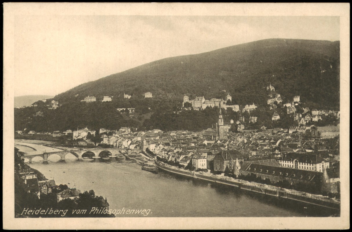 vergrößern: Bildseite historische Ansichtskarte von 1925: Stadtpanorama vom Philosophenweg:: Heidelberg
