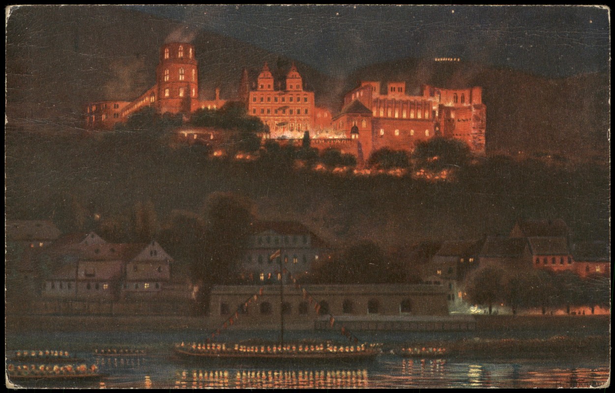zoom: Image side vintage Postcard from 1926: Heidelberger Schlossbeleuchtung, Ansicht von der Hirschgasse:: Heidelberg