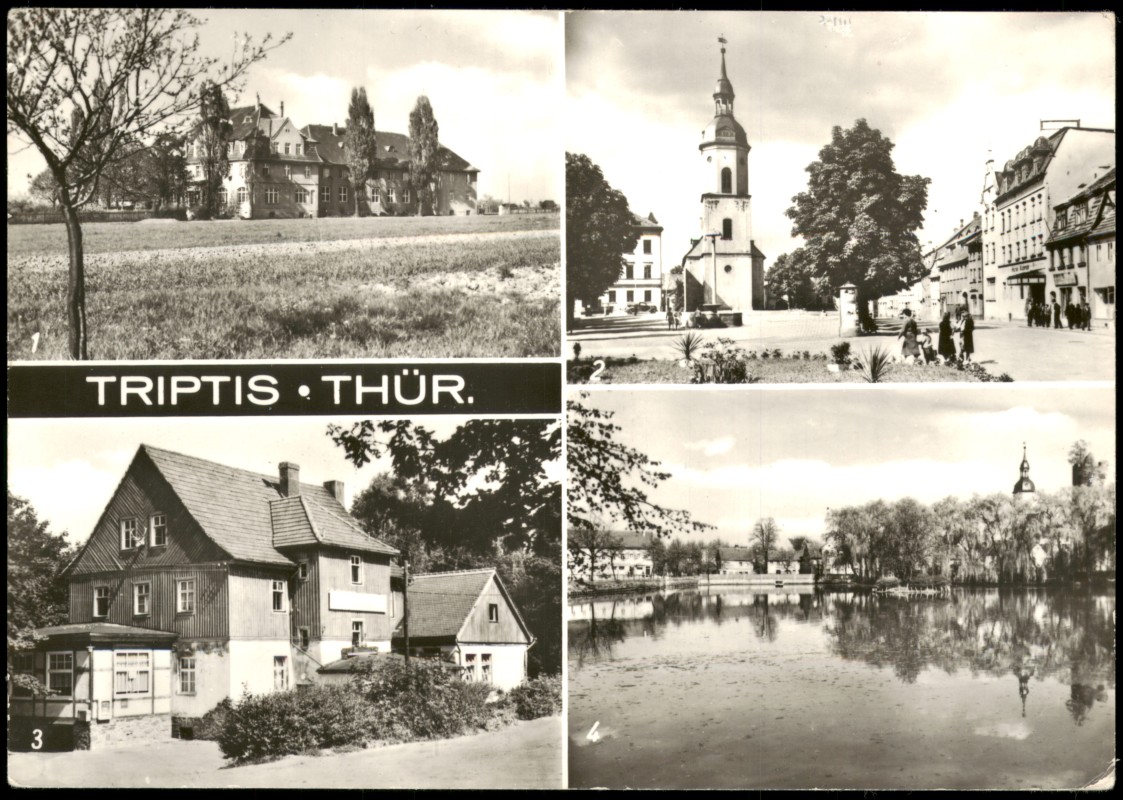 vergrößern: Bildseite historische Ansichtskarte von 1981: DDR Mehrbild-AK mit HO-Autobahn-Raststätte, Schule für Landtechnik uvm.:: Triptis