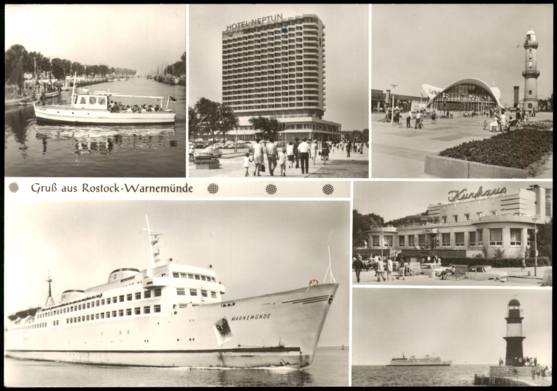 vergrößern: Bildseite historische Ansichtskarte von 1982: DDR Mehrbild-AK u.a. Hotel Neptun, Teepott, Leuchtturm, Fährschiff:: Warnemünde-Rostock