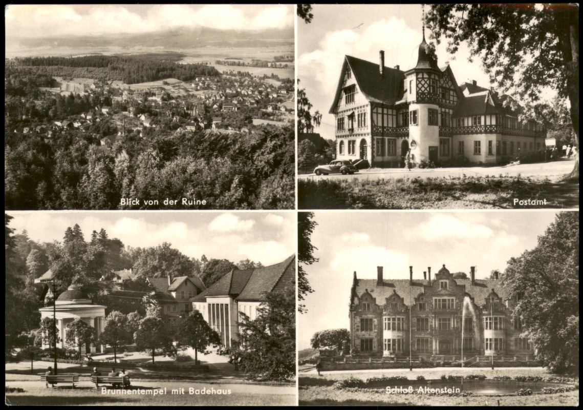 zoom: Image side vintage Postcard from 1972: DDR Mehrbild-AK mit Badehaus Blick von der Ruine uvm.:: Bad Liebenstein