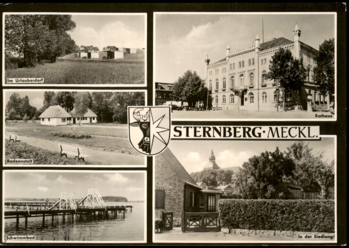 vergrößern: Bildseite historische Ansichtskarte von 1969: DDR Mehrbild-AK mit Urlauberdorf, Rathaus, Badeanstalt uvm.:: Sternberg (Mecklenburg)
