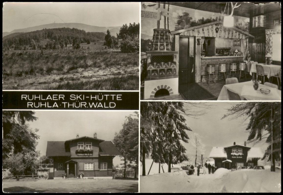 vergrößern: Bildseite historische Ansichtskarte von 1988: DDR Mehrbild-AK RUHLAER SKI-HÜTTE im THÜR. WALD:: Ruhla