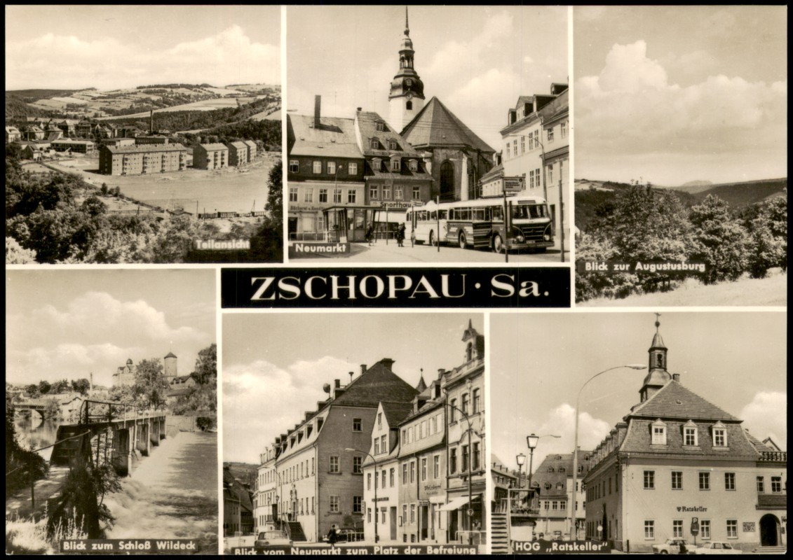 vergrößern: Bildseite historische Ansichtskarte von 1972: DDR Mehrbild-AK u.a. mit Neumarkt Blick zur Augustusburg:: Zschopau