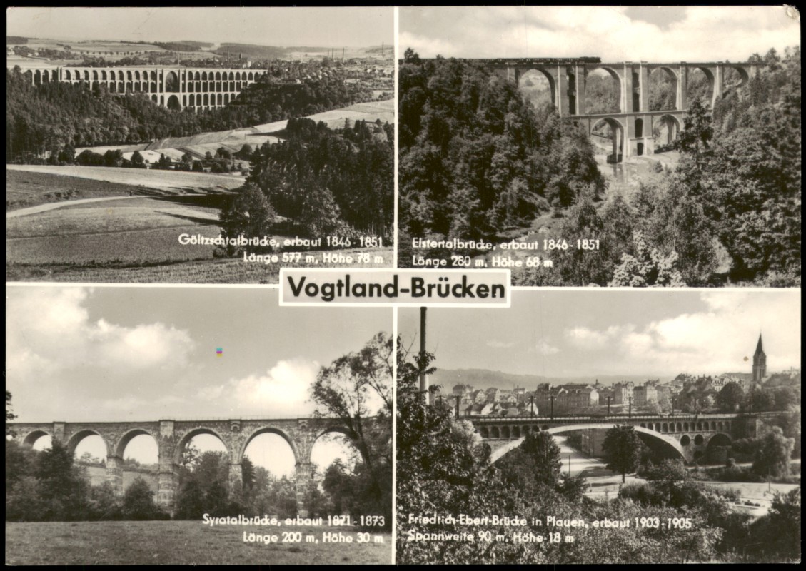vergrößern: Bildseite historische Ansichtskarte von 1968: DDR Mehrbildkarte mit 4 Ansichten Vogtland-Brücken:: Netzschkau (Vogtland)