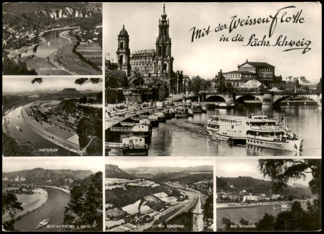 vergrößern: Bildseite historische Ansichtskarte von 1967: DDR Mehrbild-AK Schiffe Weisse Flotte Sächs. Schweiz & Dresden::