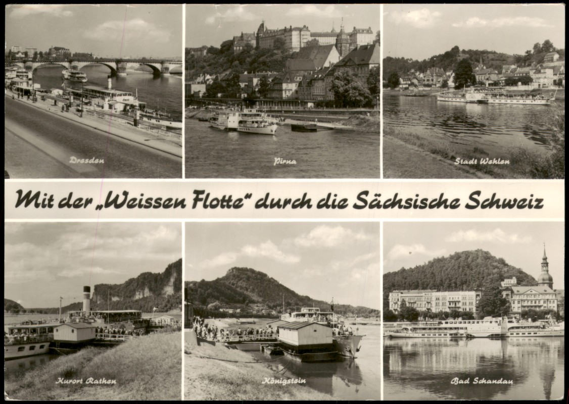 vergrößern: Bildseite historische Ansichtskarte von 1977: Mit der Weissen Flotte durch die Sächsische Schweiz DDR Mehrbild-AK::