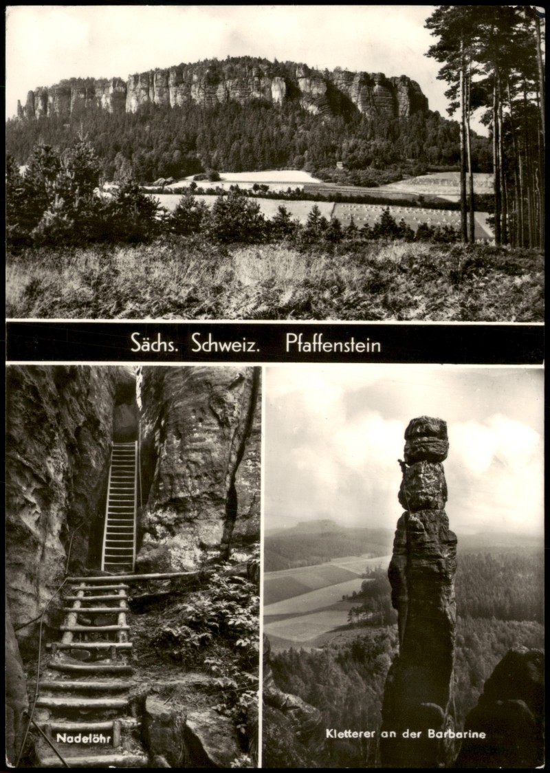 zoom: Image side vintage Postcard from 1972: 3 Bild Pfaffenstein und Barbarine:: Pfaffendorf-Königstein (Sächsische Schweiz)