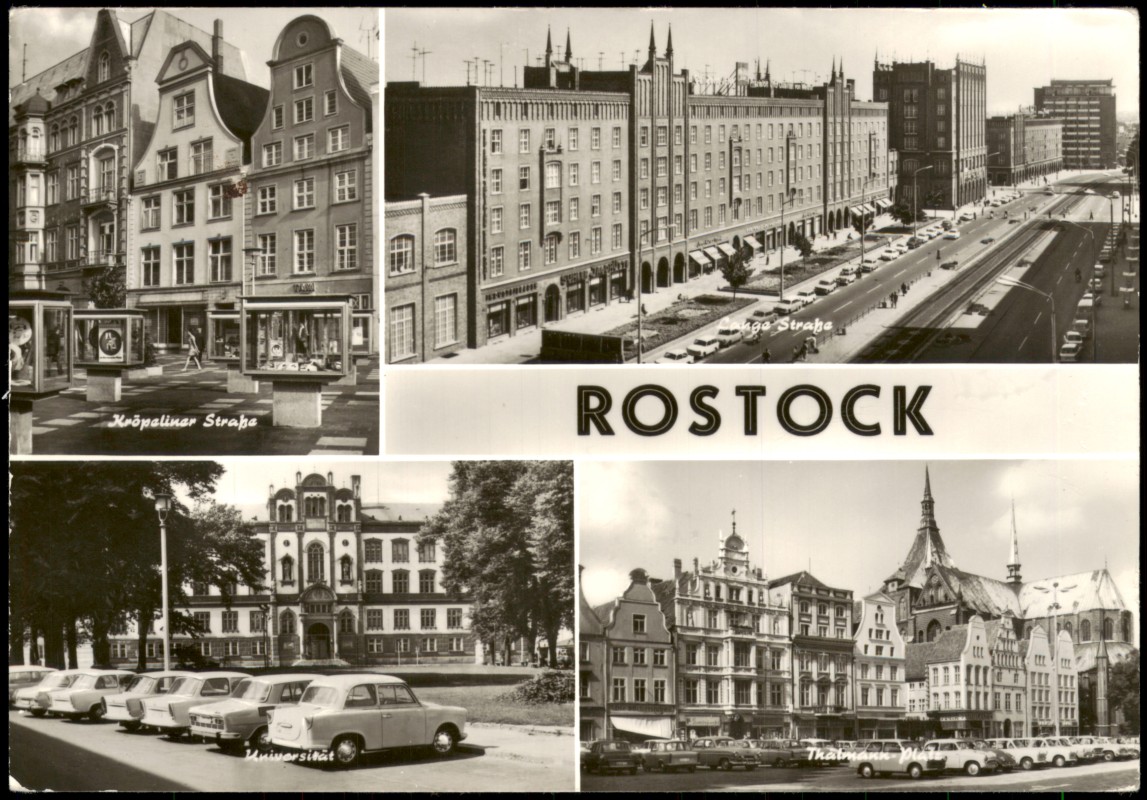 vergrößern: Bildseite historische Ansichtskarte von 1978: DDR Mehrbild-AK u.a. mit Kröpeliner Straße Universität:: Rostock