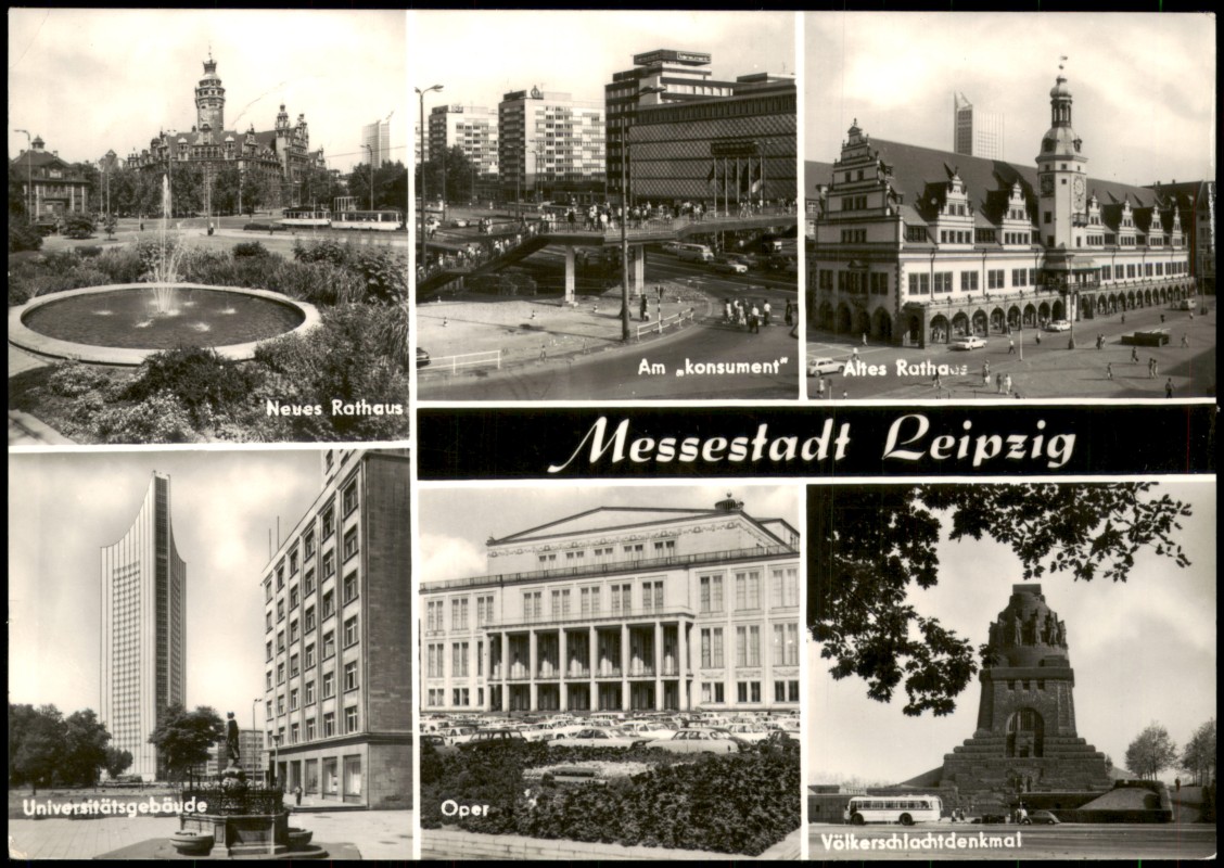 zoom: Image side vintage Postcard from 1975: DDR Mehrbild-AK u.a. Universitätsgebäude Neues Rathaus Oper Völkerschlachtdenkmat:: Leipzig