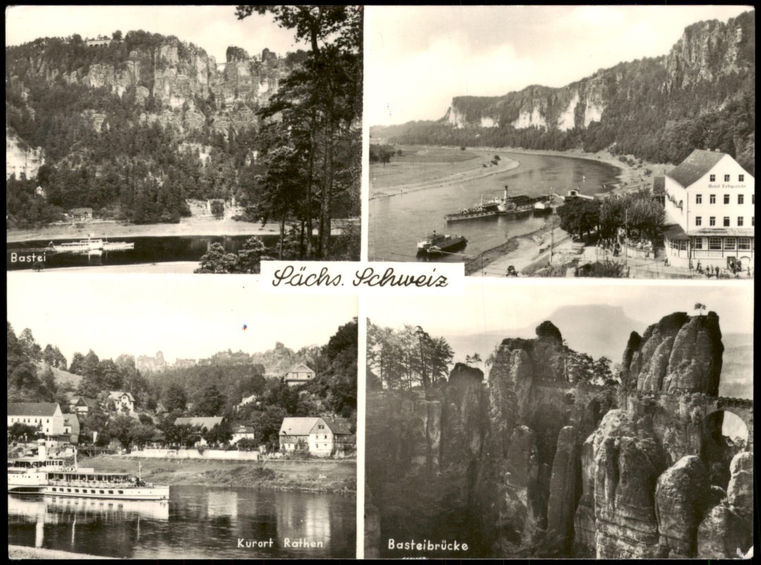 vergrößern: Bildseite historische Ansichtskarte von 1976: Sächsische Schweiz DDR Mehrbild-AK 4 Ansichten:: .Sachsen