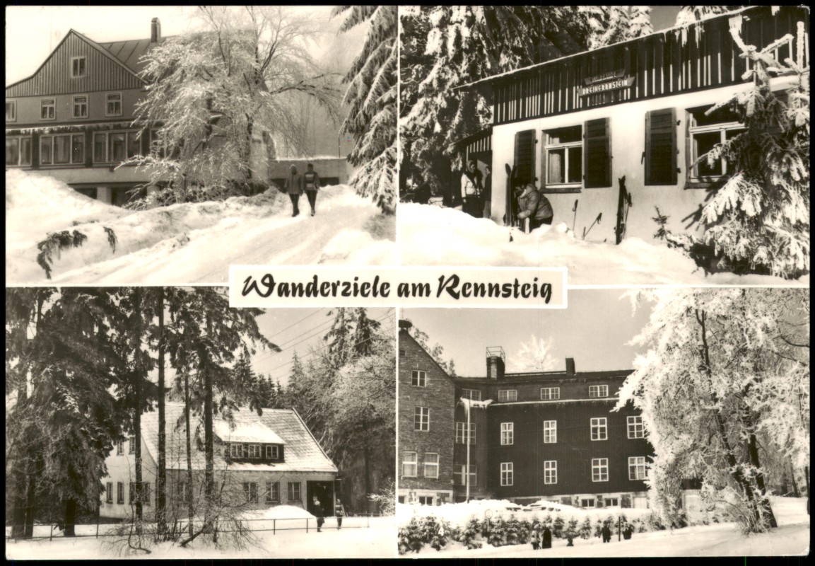vergrößern: Bildseite historische Ansichtskarte von 1974: Wanderziele am Rennsteig DDR Mehrbildkarte::