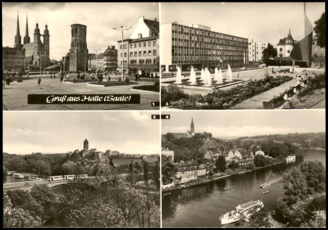 vergrößern: Bildseite historische Ansichtskarte von 1969: DDR Mehrbild-AK u.a. mit Fahnen-Monument Hansering, Burg, Marktplatz:: Halle (Saale)