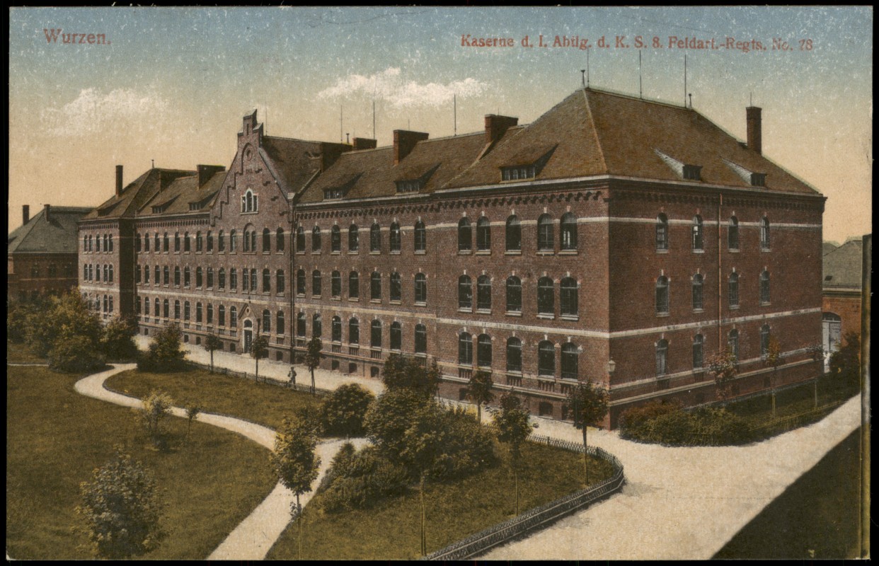 zoom: Image side vintage Postcard from 1917: Kaserne d. I. Abilg. d. K. S. 8. Feldart.-Regts. No. 28 - Park:: Wurzen
