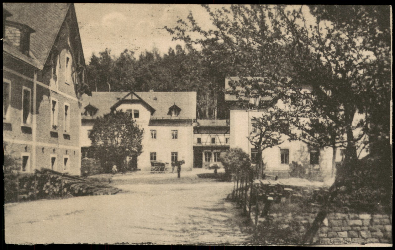 vergrößern: Bildseite historische Ansichtskarte von 1917: Partie an der Buschmühle:: Schmiedeberg (Erzgebirge)-Dippoldiswalde
