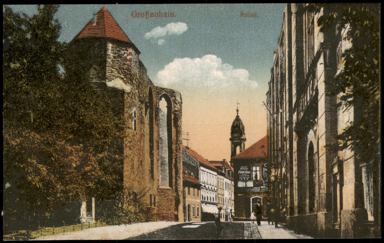 zoom: Image side vintage Postcard from 1917: Straßenpartie an der Ruine:: Großenhain