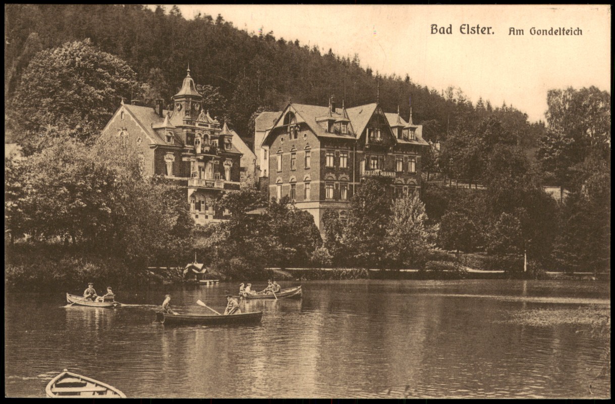 zoom: Image side vintage Postcard from 1917: Am Gondelteich Ruderer Stadtvillen:: Bad Elster