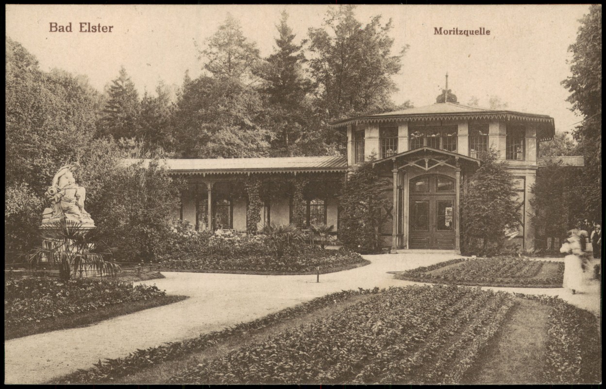 vergrößern: Bildseite historische Ansichtskarte von 1917: Moritzquelle Statue:: Bad Elster