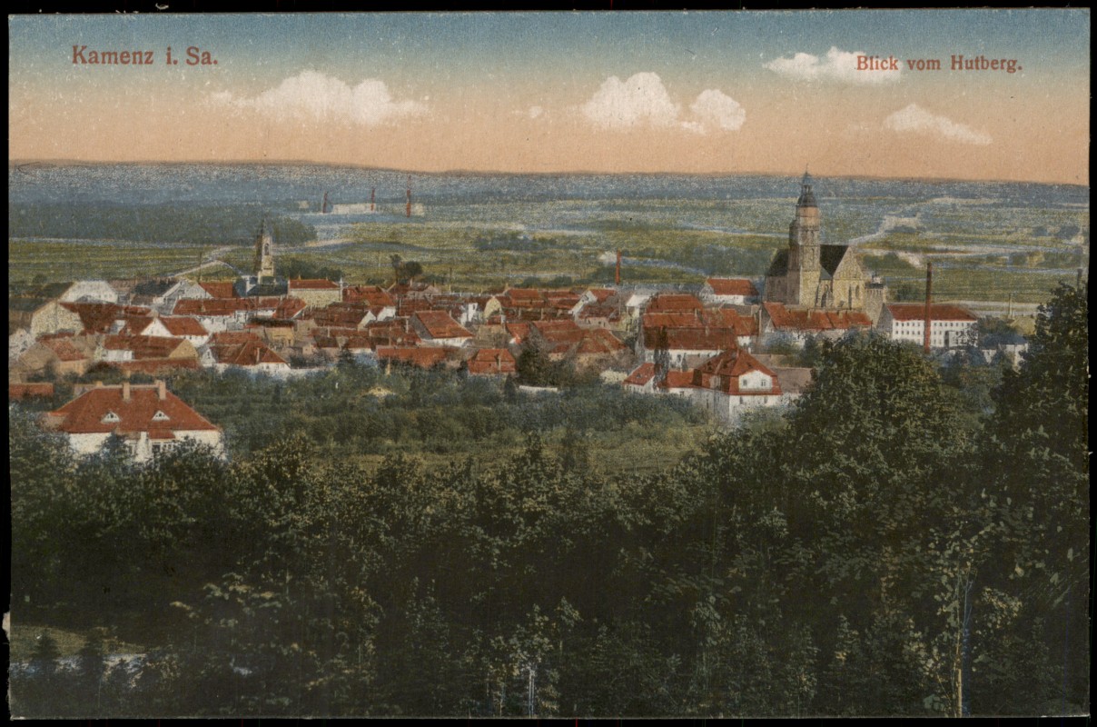 vergrößern: Bildseite historische Ansichtskarte von 1917: Blick vom Hutberg auf die Stadt:: Kamenz