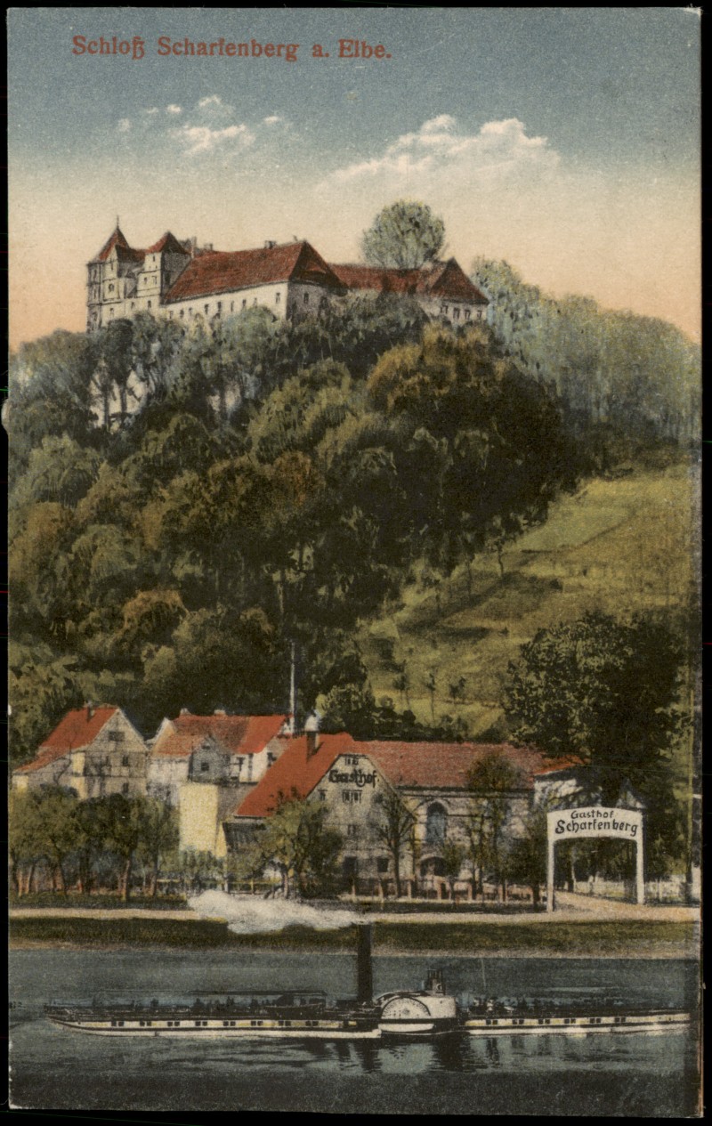 vergrößern: Bildseite historische Ansichtskarte von 1917: Schloss Scharfenberg Gasthaus und Elbdampfer:: Pegenau-Klipphausen