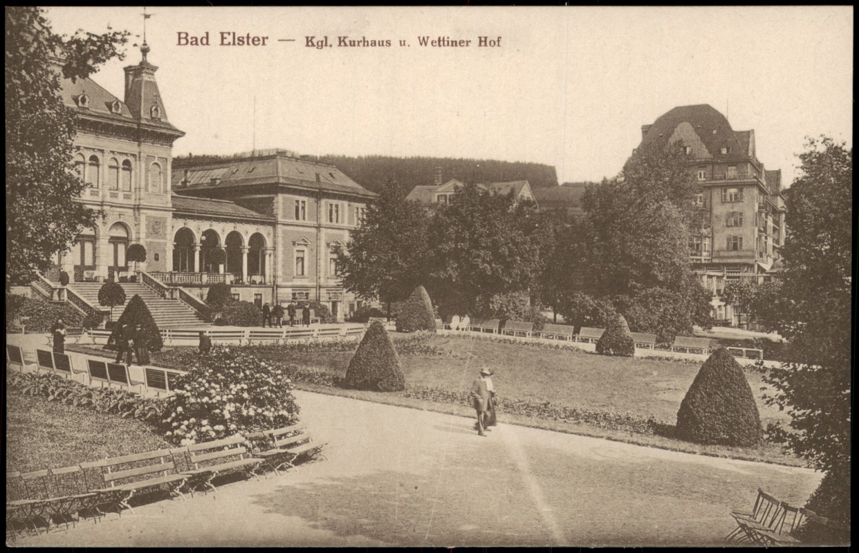 zoom: Image side vintage Postcard from 1917: Kgl. Kurhaus u. Wettiner Hof:: Bad Elster