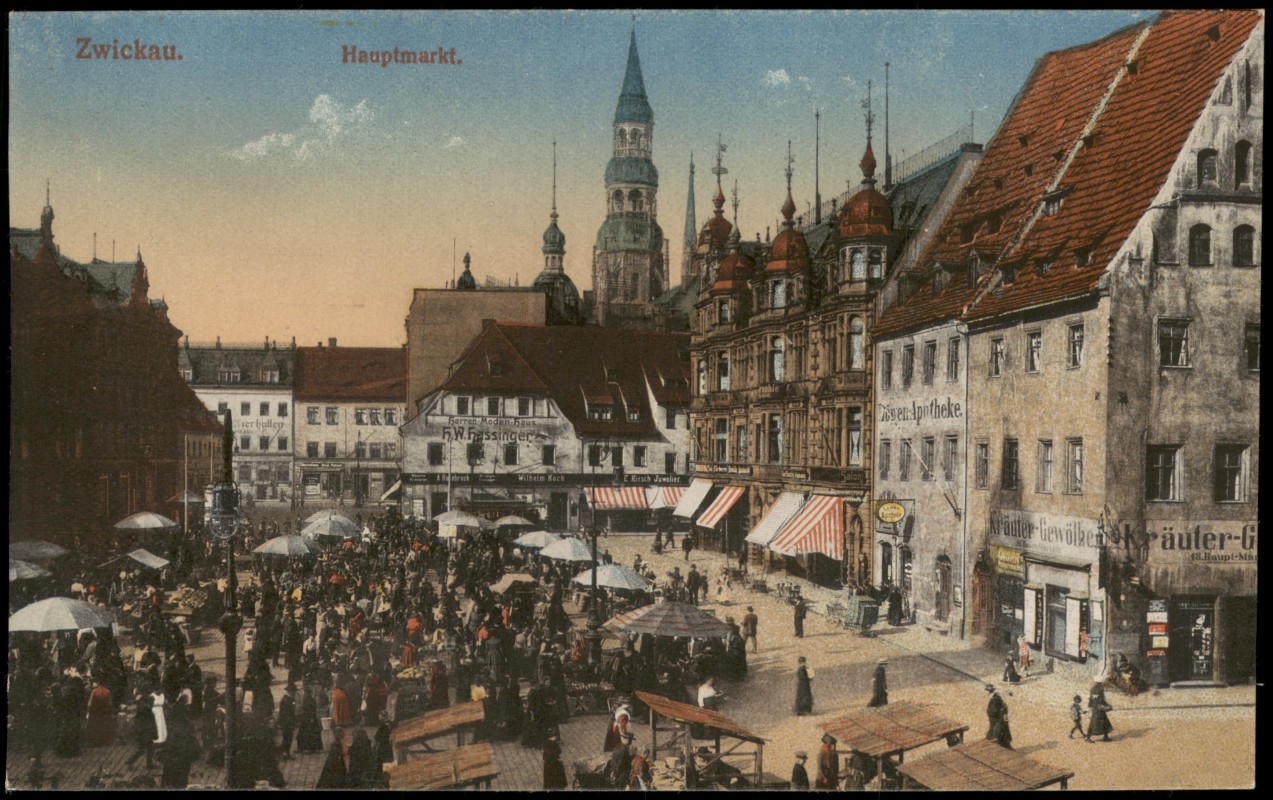 vergrößern: Bildseite historische Ansichtskarte von 1916: Hauptmarkt, Markttreiben:: Zwickau