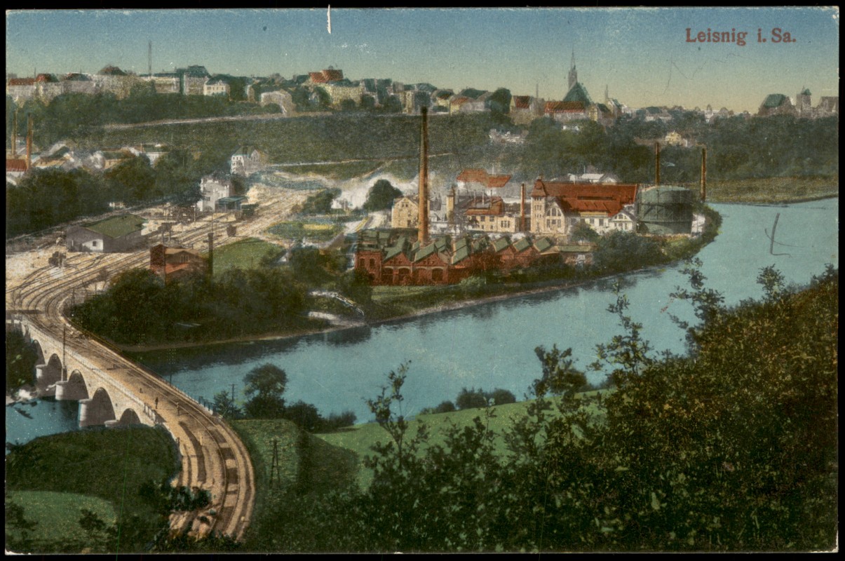 vergrößern: Bildseite historische Ansichtskarte von 1916: Stadt Fabrik Bahnhof:: Leisnig