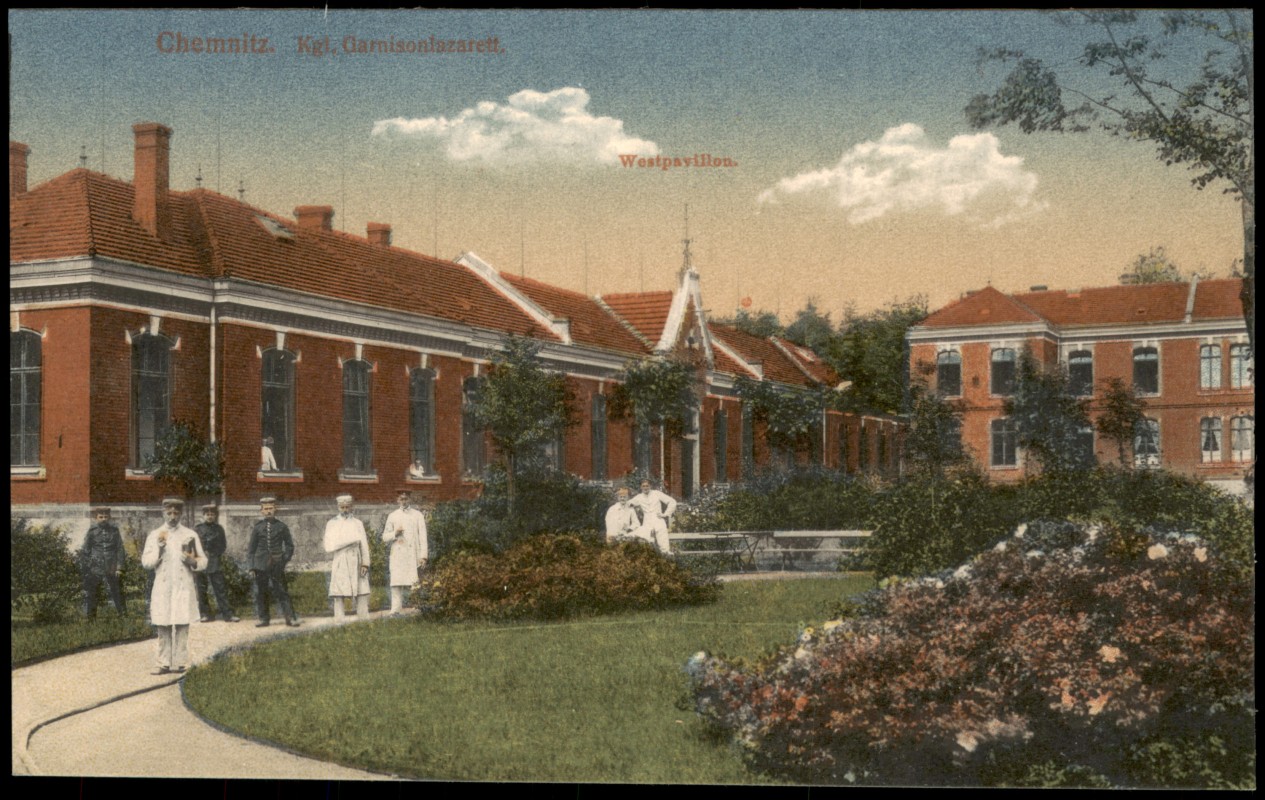 vergrößern: Bildseite historische Ansichtskarte von 1916: Garnisonlazarett:: Chemnitz